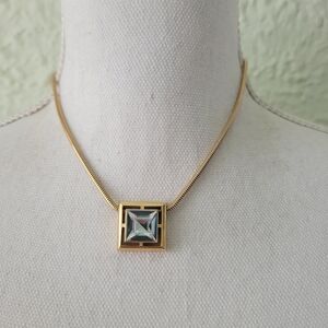 Vtg Avon Snake Chain Necklace Square Rhinestone Pendant Gold Tone Statement 17"